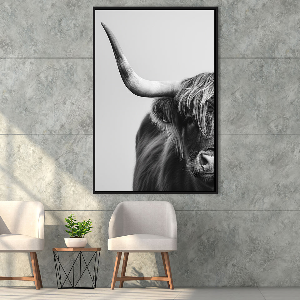Highland Cow With Longhorn Portrait Half Of Face V1, Framed Canvas Painting, Framed Canvas Prints Wall Art Decor