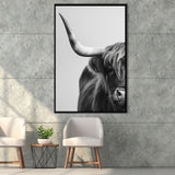 Highland Cow With Longhorn Portrait Half Of Face V1, Framed Canvas Painting, Framed Canvas Prints Wall Art Decor