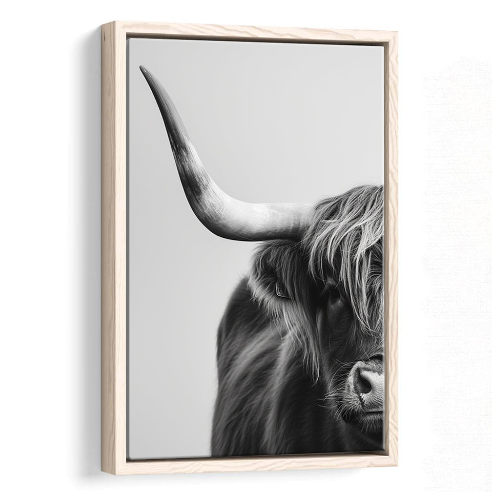 Highland Cow With Longhorn Portrait Half Of Face V1, Framed Canvas Painting, Framed Canvas Prints Wall Art Decor