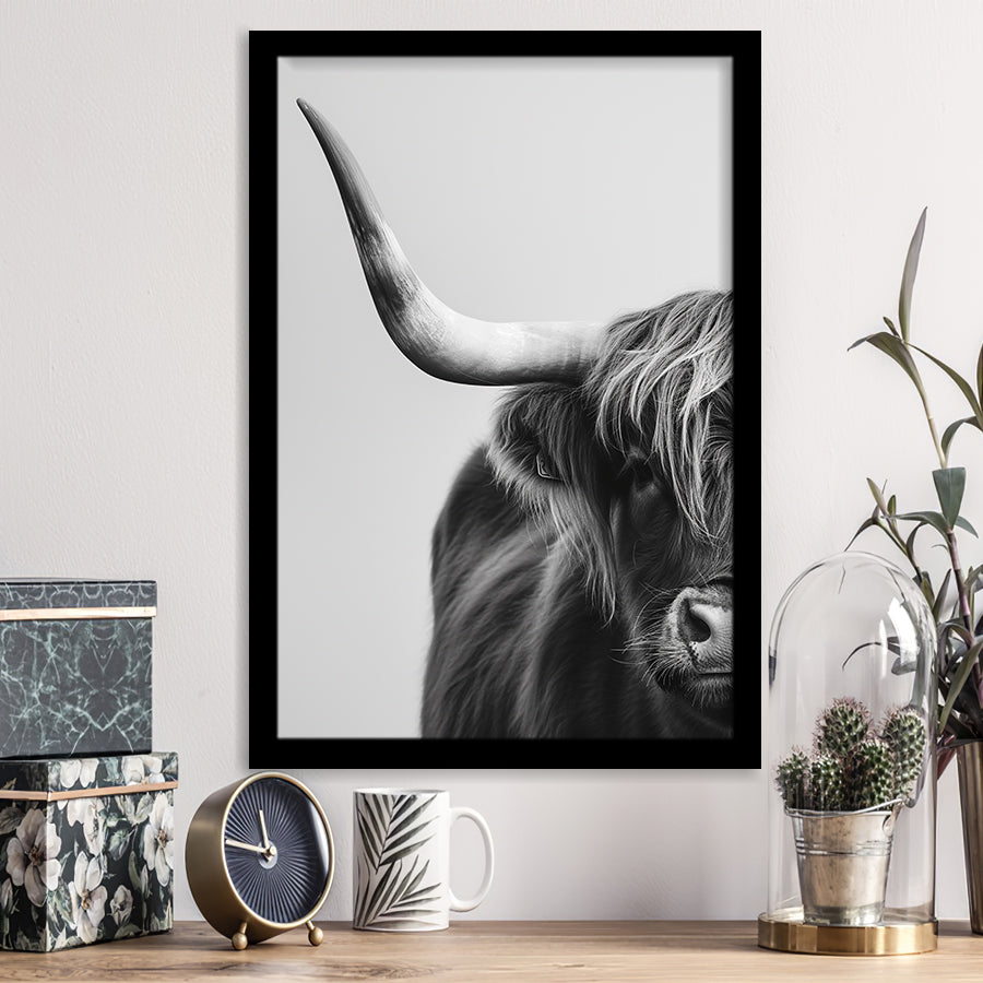 Highland Cow With Longhorn Portrait Half Of Face V1, Framed Art Print Wall Decor, Framed Picture
