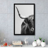 Highland Cow With Longhorn Portrait Half Of Face V1, Framed Canvas Painting, Framed Canvas Prints Wall Art Decor