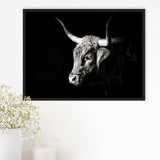 Highland Cow With Longhorn Portrait Left, Framed Canvas Painting, Framed Canvas Prints Wall Art Decor