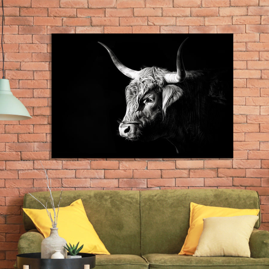 Highland Cow With Longhorn Portrait Left, Framed Art Print Wall Decor, Framed Picture