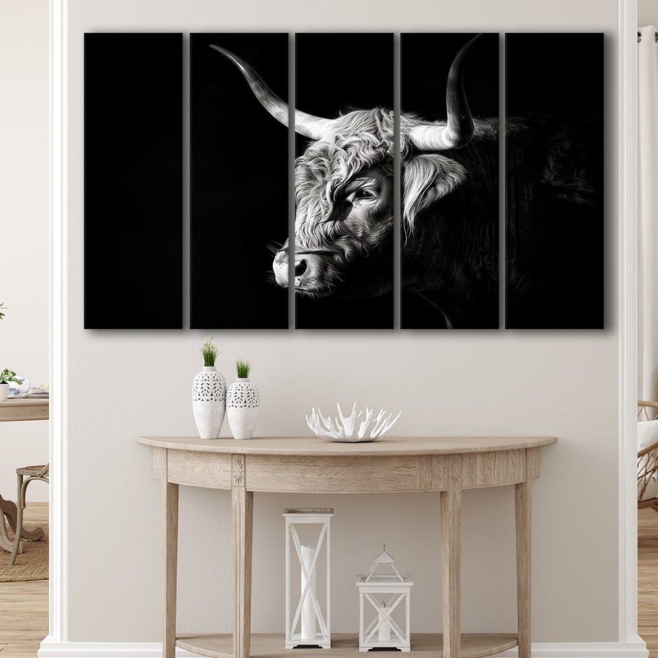 Highland Cow With Longhorn Portrait Left, 5 Panels Extra Large Canvas, Canvas Prints Wall Art Decor