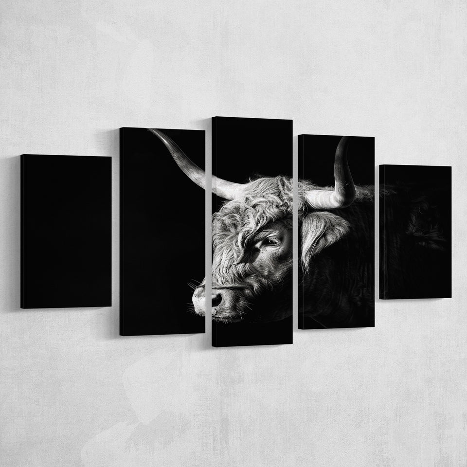 Highland Cow With Longhorn Portrait Left, 5 Panels Mixed Large Canvas, Canvas Prints Wall Art Decor