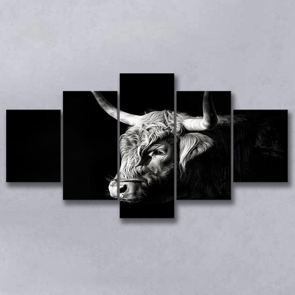 Highland Cow With Longhorn Portrait Left, 5 Panels Mixed Large Canvas, Canvas Prints Wall Art Decor