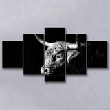 Highland Cow With Longhorn Portrait Left, 5 Panels Mixed Large Canvas, Canvas Prints Wall Art Decor