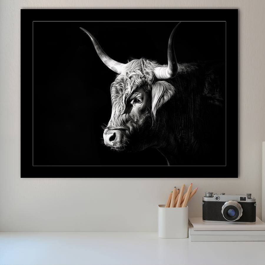 Highland Cow With Longhorn Portrait Left, Framed Art Print Wall Decor, Framed Picture