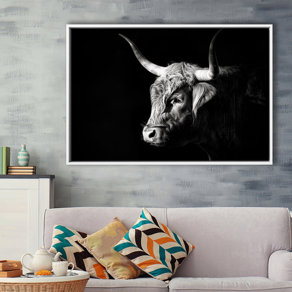 Highland Cow With Longhorn Portrait Left, Framed Canvas Painting, Framed Canvas Prints Wall Art Decor