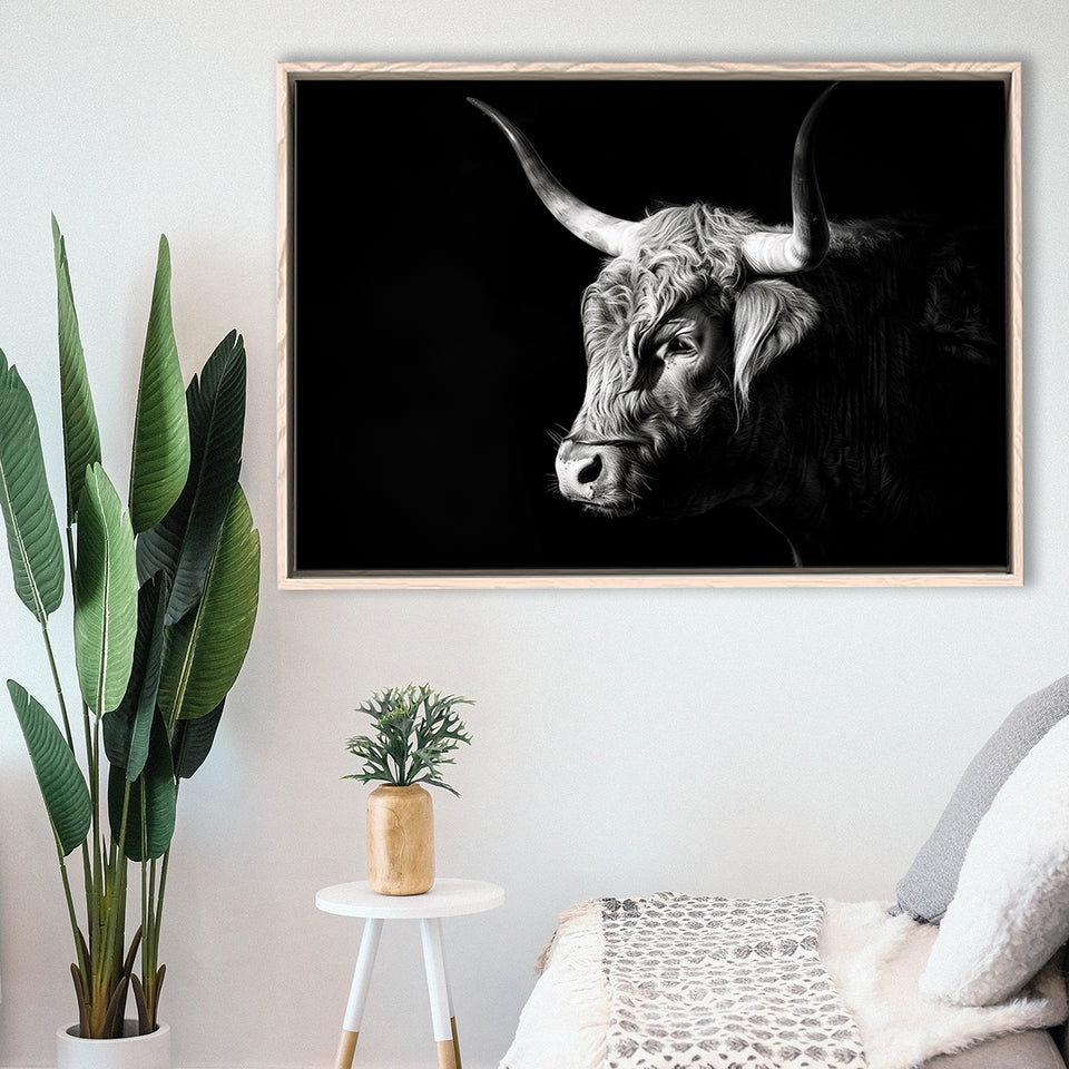 Highland Cow With Longhorn Portrait Left, Framed Canvas Painting, Framed Canvas Prints Wall Art Decor