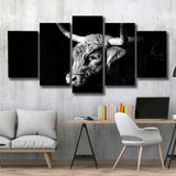 Highland Cow With Longhorn Portrait Left, 5 Panels Mixed Large Canvas, Canvas Prints Wall Art Decor