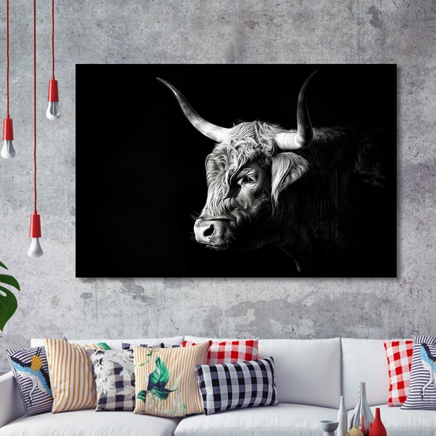 Highland Cow With Longhorn Portrait Left, Framed Art Print Wall Decor, Framed Picture