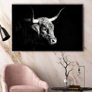 Highland Cow With Longhorn Portrait Right V2, Framed Canvas Painting, Framed Canvas Prints Wall Art Decor