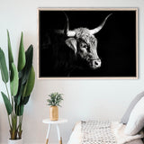 Highland Cow With Longhorn Portrait Right V2, Framed Canvas Painting, Framed Canvas Prints Wall Art Decor