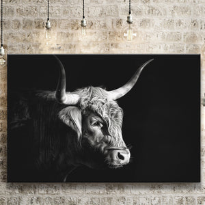 Highland Cow With Longhorn Portrait Right V2, Canvas Painting, Canvas Prints Wall Art Decor