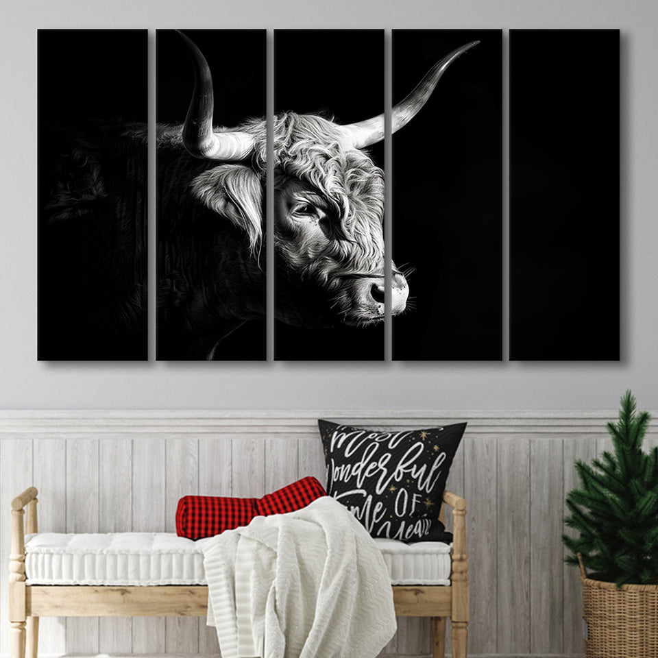Highland Cow With Longhorn Portrait Right V2, 5 Panels Extra Large Canvas, Canvas Prints Wall Art Decor
