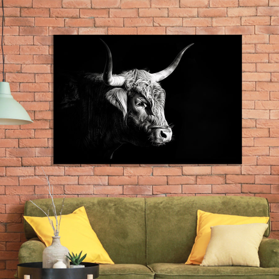 Highland Cow With Longhorn Portrait Right V2, Framed Art Print Wall Decor, Framed Picture