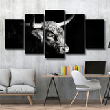 Highland Cow With Longhorn Portrait Right V2, 5 Panels Mixed Large Canvas, Canvas Prints Wall Art Decor