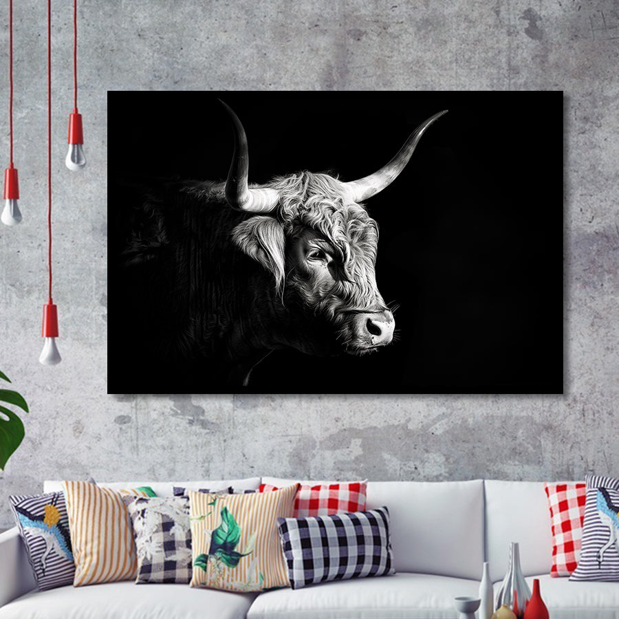 Highland Cow With Longhorn Portrait Right V2, Framed Art Print Wall Decor, Framed Picture