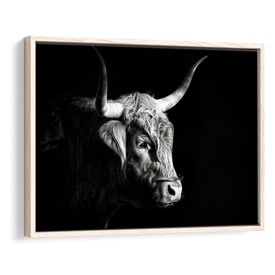 Highland Cow With Longhorn Portrait Right V2, Framed Canvas Painting, Framed Canvas Prints Wall Art Decor