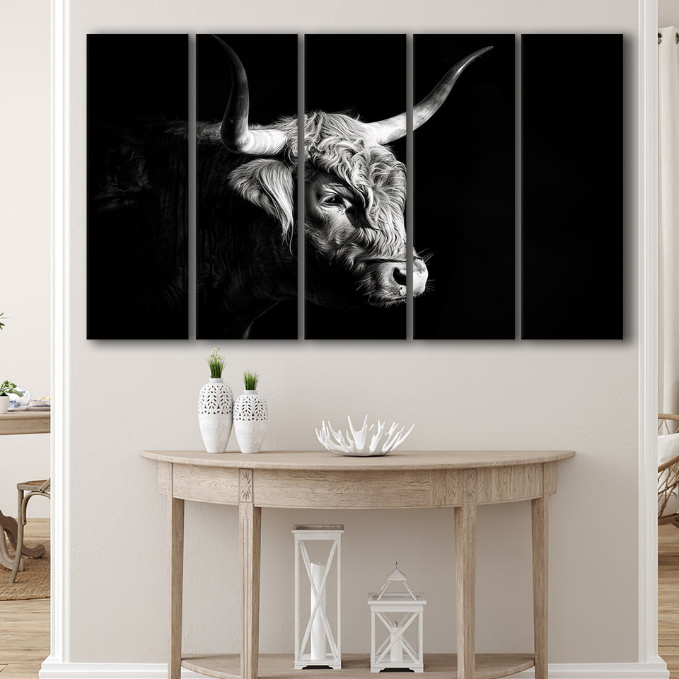 Highland Cow With Longhorn Portrait Right V2, 5 Panels Extra Large Canvas, Canvas Prints Wall Art Decor