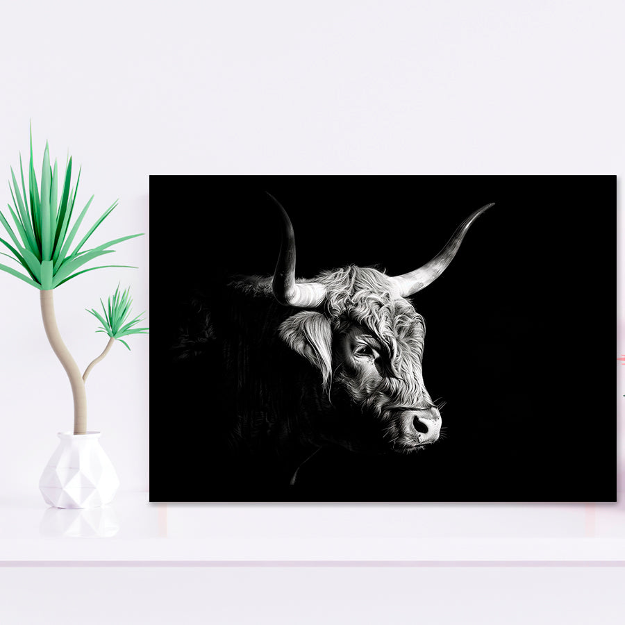 Highland Cow With Longhorn Portrait Right V2, Framed Art Print Wall Decor, Framed Picture