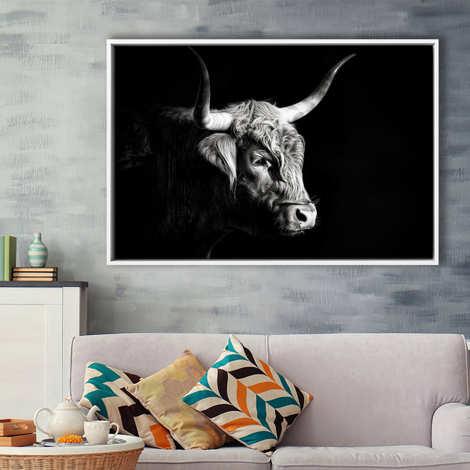 Highland Cow With Longhorn Portrait Right V2, Framed Canvas Painting, Framed Canvas Prints Wall Art Decor