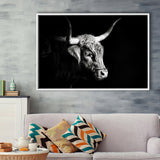 Highland Cow With Longhorn Portrait Right V2, Framed Canvas Painting, Framed Canvas Prints Wall Art Decor
