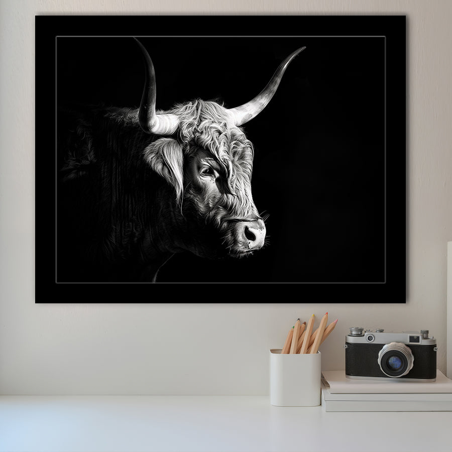 Highland Cow With Longhorn Portrait Right V2, Framed Art Print Wall Decor, Framed Picture