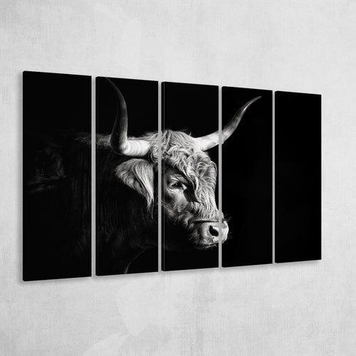 Highland Cow With Longhorn Portrait Right V2, 5 Panels Extra Large Canvas, Canvas Prints Wall Art Decor