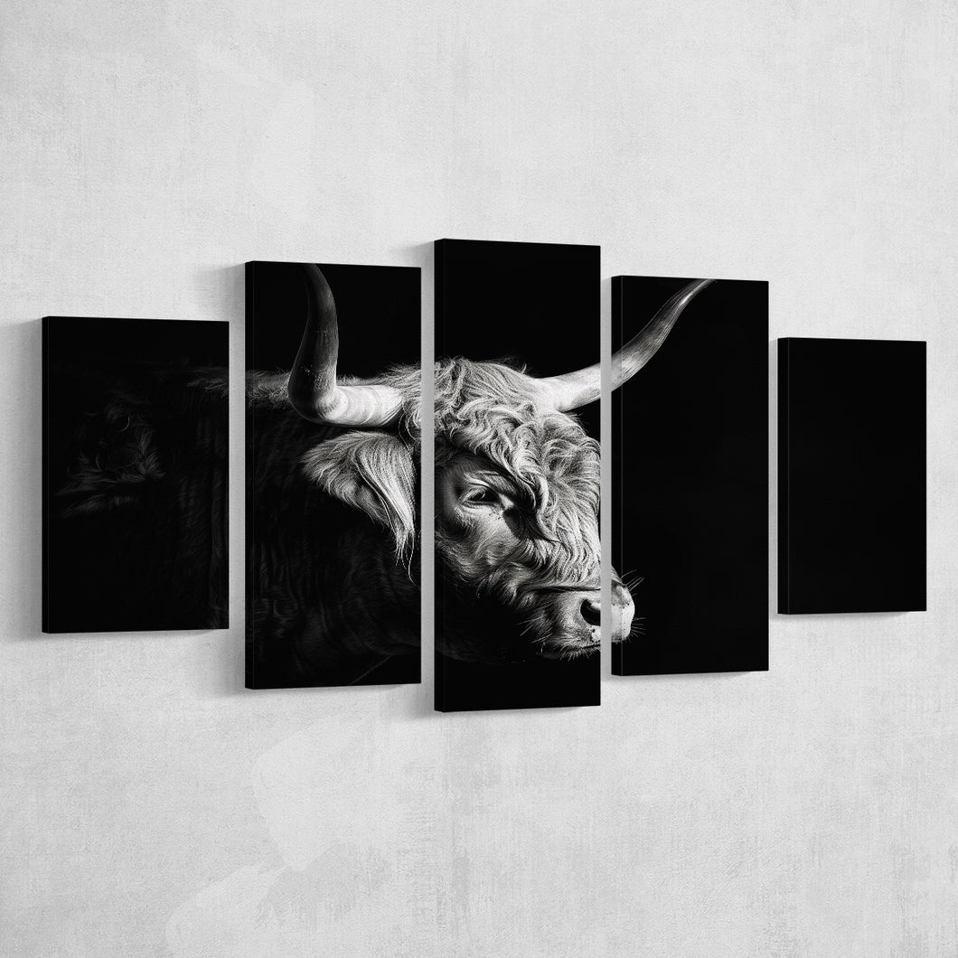 Highland Cow With Longhorn Portrait Right V2, 5 Panels Mixed Large Canvas, Canvas Prints Wall Art Decor