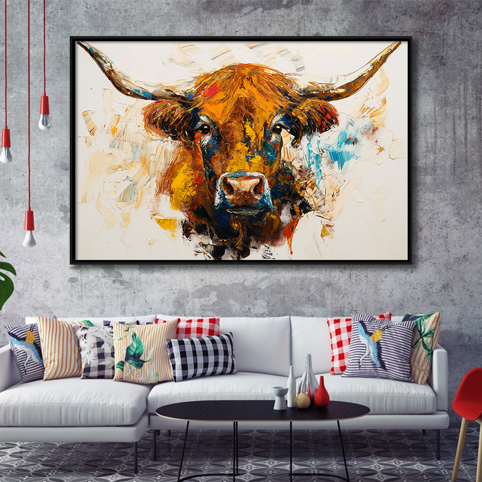 Highland Cow Oil Painting Portrait V2, Framed Canvas Painting, Framed Canvas Prints Wall Art Decor