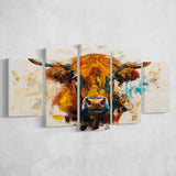 Highland Cow Oil Painting Portrait V2, 5 Panels Mixed Large Canvas, Canvas Prints Wall Art Decor