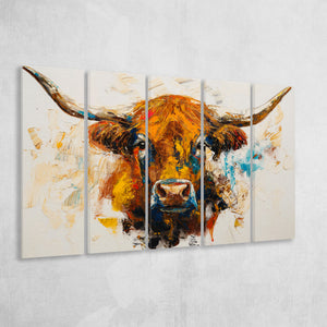 Highland Cow Oil Painting Portrait V2, 5 Panels Extra Large Canvas, Canvas Prints Wall Art Decor