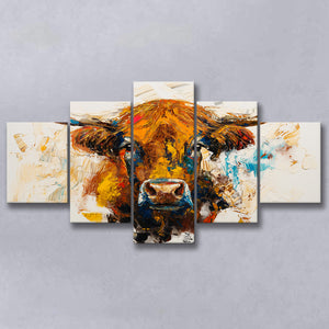 Highland Cow Oil Painting Portrait V2, 5 Panels Mixed Large Canvas, Canvas Prints Wall Art Decor