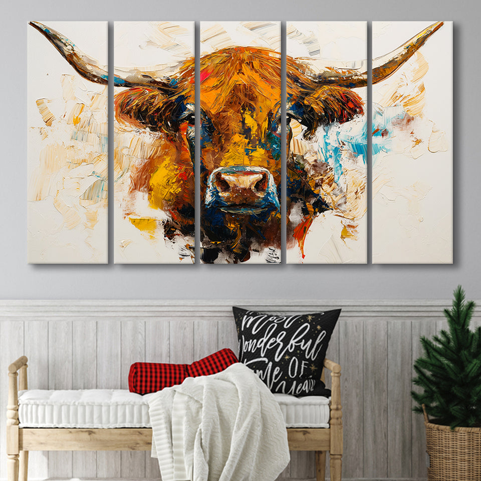 Highland Cow Oil Painting Portrait V2, 5 Panels Extra Large Canvas, Canvas Prints Wall Art Decor