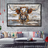 Highland Longhorn Cow Painted On Wood Rustic Cabin, Framed Canvas Print Wall Art Decor,Floating Frame
