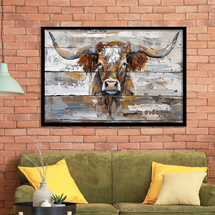 Highland Longhorn Cow Painted On Wood Rustic Cabin, Framed Art Print Wall Decor, Framed Picture
