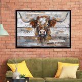 Highland Longhorn Cow Painted On Wood Rustic Cabin, Framed Art Print Wall Decor, Framed Picture