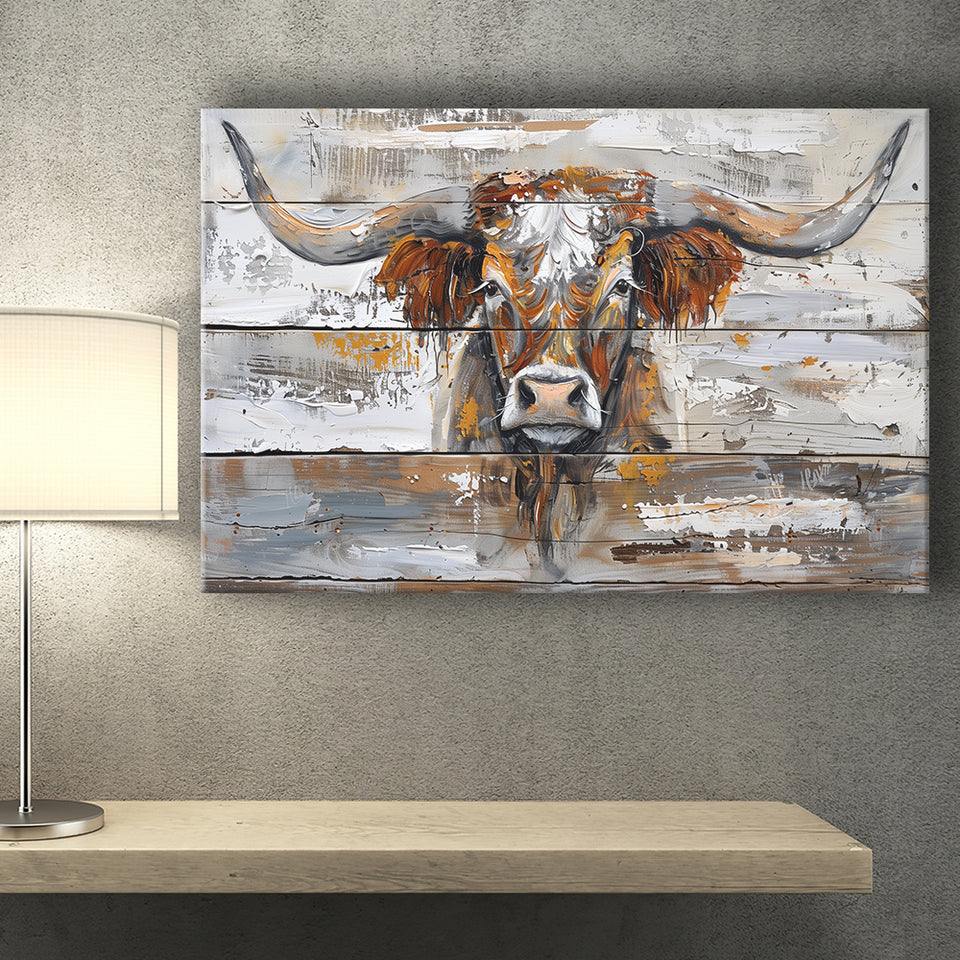Highland Longhorn Cow Painted On Wood Rustic Cabin, Canvas Print Wall Art Decor, Landscape Art Print