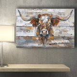 Highland Longhorn Cow Painted On Wood Rustic Cabin, Canvas Print Wall Art Decor, Landscape Art Print