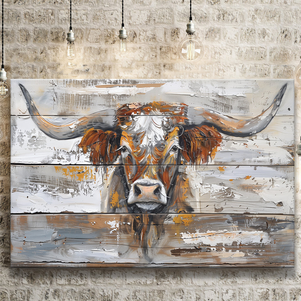 Highland Longhorn Cow Painted On Wood Rustic Cabin, Canvas Print Wall Art Decor, Landscape Art Print
