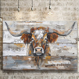 Highland Longhorn Cow Painted On Wood Rustic Cabin, Canvas Print Wall Art Decor, Landscape Art Print