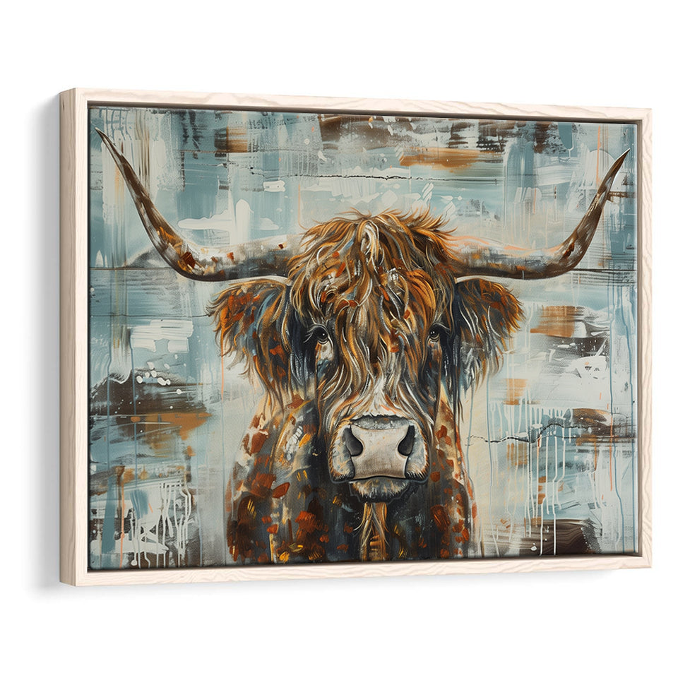 Highland Longhorn Cow Painted On Wood Rustic Cabin V1, Framed Canvas Print Wall Art Decor,Floating Frame