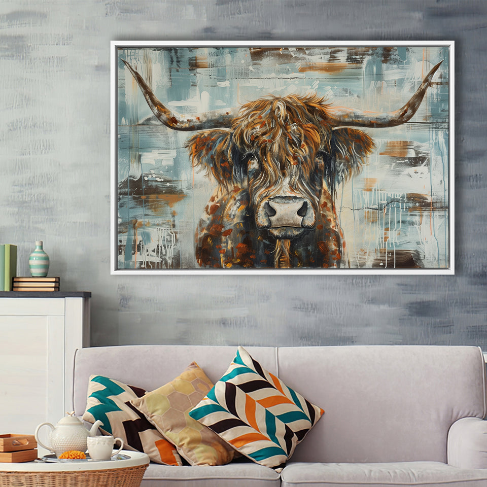 Highland Longhorn Cow Painted On Wood Rustic Cabin V1, Framed Canvas Print Wall Art Decor,Floating Frame