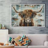Highland Longhorn Cow Painted On Wood Rustic Cabin V1, Framed Canvas Print Wall Art Decor,Floating Frame