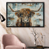 Highland Longhorn Cow Painted On Wood Rustic Cabin V1, Framed Canvas Print Wall Art Decor,Floating Frame