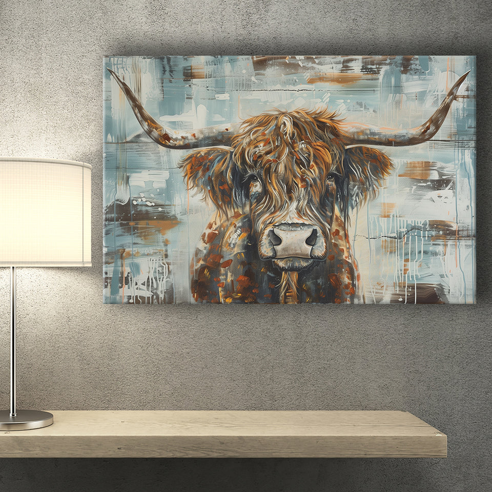 Highland Longhorn Cow Painted On Wood Rustic Cabin V1, Canvas Print Wall Art Decor, Landscape Art Print