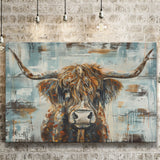 Highland Longhorn Cow Painted On Wood Rustic Cabin V1, Canvas Print Wall Art Decor, Landscape Art Print