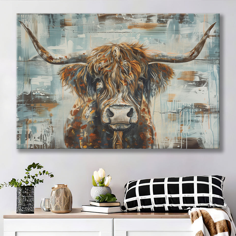 Highland Longhorn Cow Painted On Wood Rustic Cabin V1, Canvas Print Wall Art Decor, Landscape Art Print